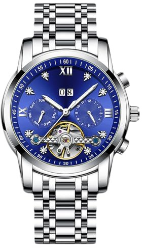 rorios Män mekaniska armbandsur Tourbillon automatisk klocka rostfritt stål skelett herrklockor eleganta diamantklockor för män, Silverblå A, L