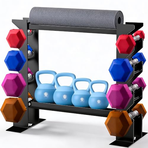 ManiBoom Soporte Mancuernas Casa de Acero 2 Niveles Horizontales + 2 Verticales - Organizador Gimnasio - Estante de Almacenamiento para Pesas Rusas, Barra Esterillas y Mancuerna - Mancuernero