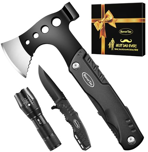 RoverTac Hacha multiherramienta 11 en 1, linterna led y cuchillo de bolsillo en una caja de regalo con BEST DAD EVER, regalo único para papá en el día del padre, cumpleaños, navidad