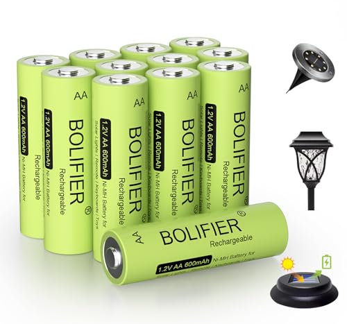 BOLIFIER Rechargeable AA Battery for Outdoor Solar Lights, 12 Pack 1.2V NiMH 600mAh Pre-Charged Double A Solar Battery for Garden Landscaping Outdoor Solar Lights (AA 600mAh Pack 12)