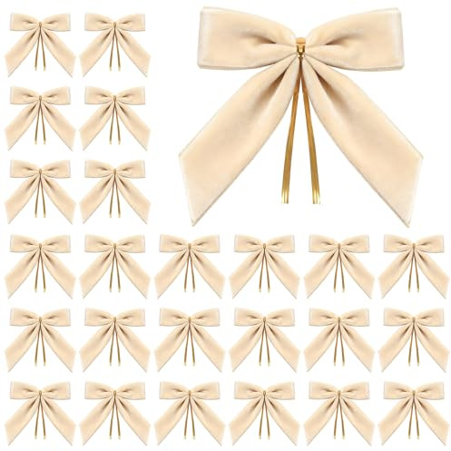 Miaikoe 24 Pcs Velvet Noël arcs pour Arbre de Noël, Guirlande, Cadeau d'emballage, fête, Twist Cravate arcs pour la Maison Décor de Vacances (Largeur de 2,5 cm, 8,9 x 8,9 cm, Beige)