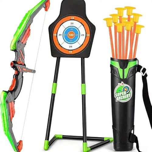 MAD 4 TOYS Green Bow and Arrow Set for Kids - LED Light-Up Archery Toy with 10 Suction Cup Arrows, Quiver & Target - Ideal Outdoor Fun for Ages 3-12