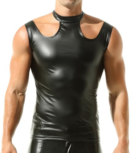 YUFEIDA Men's Faux Leather Undershirts Sleeveless Tank Tops Muscle Fit Waistcoat Tops Fashion Undershirts