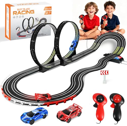Ulikey Circuit Voiture Electrique, Pistes de Course de Voiture Jouet, Ensemble Circuit Électrique avec 2 Voitures et 360° Boucle, Circuit de Course Electrique Cadeau pour Garçons et Filles