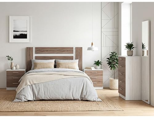 Meyvaser.com Ecommerce Company Dormitorio de Matrimonio Completo – Cabecero 160 cm, 2 Mesitas, Sinfonier 5 Cajones, Color Pino Andersen y Gris, Formato Kit, Fácil Montaje