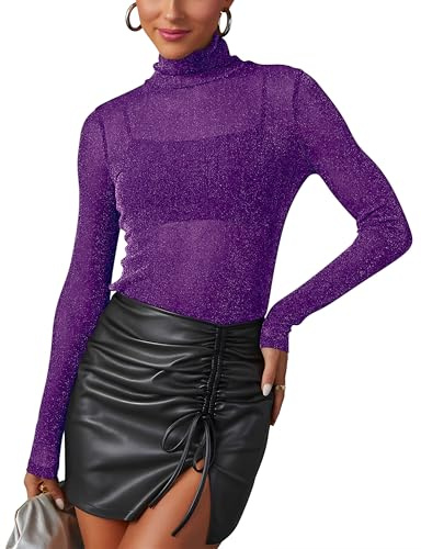 NONSAR Nättoppar damer, glitter, transparent nättopp, transparent långärmad skjorta, sexig nätskjorta, klubbkläder, partytoppar, violett, XXL