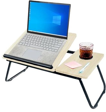 EasySpeed Bandeja para Cama y Sofá Reclinable, Mesa Plegable de Desayuno con Portavasos para Ordenador Portátil y Libros, Apto para Adultos y Niños, 55x37x32cm, Madera Claro