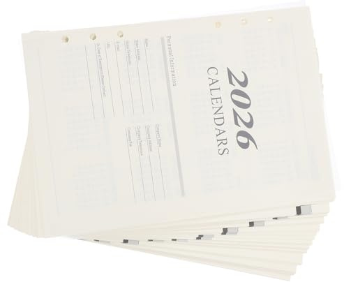 SHERCHPRY Recharges Papier A5 à 6 Trous pour Cahiers Grands Carreaux 2026 Feuilles Mensuelles Inserts Calendrier Papier Flexible pour Agenda Scolaire et Organisation du Temps