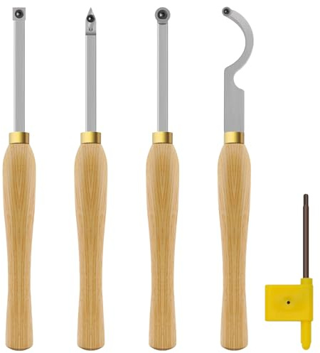 Mini kit di Scalpelli per Tornitura del Legno duro, con manico in legno e 4 Inserti in carburo con punta, ideale per tornitura del legno, Sgrossatura, Rifinitura di Dettagli e cavità
