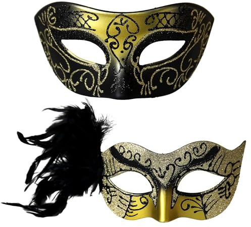 Venetian Couples Masquerade Mask Set for Mardi Gras Carnival Party Halloween Costume Accessories (Golden+Golden)
