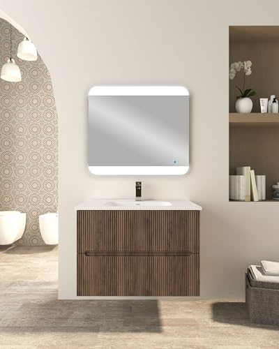Generico Mobile bagno da 80 cm sospeso con due cassetti e lavabo in ceramica - frontali plissé (Noce)