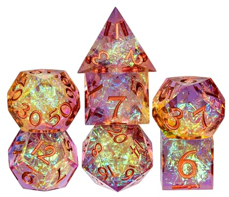 Cusdie 7-delat set med skarpa kanter DND-tärningar i elegant låda, polyedriska tärningar för Dungeons & Dragons, RPG, bordsspel, rollspel (lila orange)