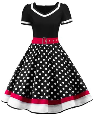 AXOE Women's 50s Style Vintage Rockabilly Dress A-Line Cotton Belted Wedding Guest & Prom Dress Party Wear Black with White Polka Dots, UK Size 16, XL