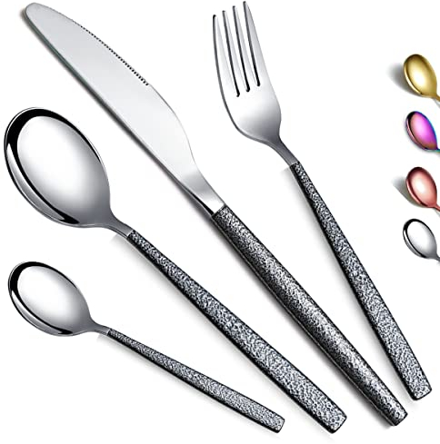 Kyraton Cutlery Set 16 Pieces with Moon Surface Black Handle and Shiny Mouth Stainless Steel Modern Cutlery Set Utensils Set Service for 4