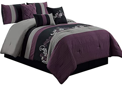 Chezmoi Collection Napa Comforter Set, Polyester, Purple/Black/Gray, Queen