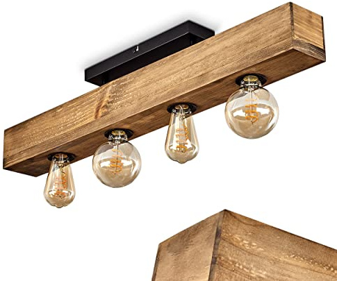 HOFSTEIN Deckenleuchte Berat, Deckenlampe aus Metall/Holz in Schwarz/Naturfarben, moderne Leuchte im Retro/Vintage-Design mit Holzbalken, 4 x E27, Esszimmer, Schlafzimmer, Wohnzimmer, Küche