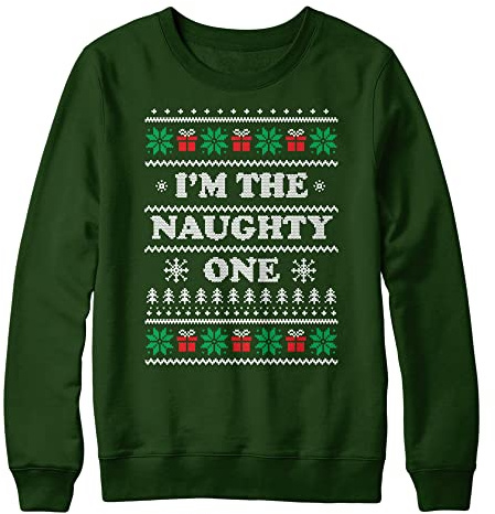 Naughty And Nice Matching Ugly Christmas Sweatshirt, Funny Christmas Jumper For Men & Women, Xmas Sweater Gift Idea For Him & Her, Im The Naughty One Nice One, L, Bottle Green - Naughty One