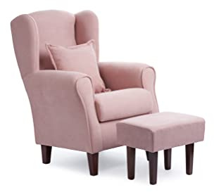 Sillonea - Sillón Orejero Roma con Puff/reposapies, butaca pequeña para salón, Ideal para Ver la TV/Leer. Medida: 100x74x77cm. Tapizado con Tela Antimanchas. (Rosa, Lacado Blanco)