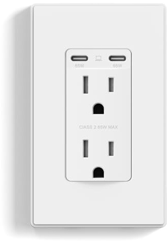 ELEGRP 65W Ultra-Speed USB C Outlet Receptacle for Laptop, 15 Amp Wall Outlet with USB C Ports, Tamper Resistant USB Outlet, Wall Plate Included, UL Listed, 1 Pack, Matte White