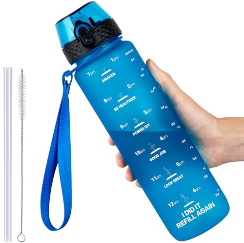GOPPUS Botella Agua de 1l/32 oz con Pajita Botella de Bebidas Irrompible a Prueba de Fugas con Marcas de Tiempo Botella Deportiva Tritan para Gimnasio Escuela Grande para Adultos Sin BPA
