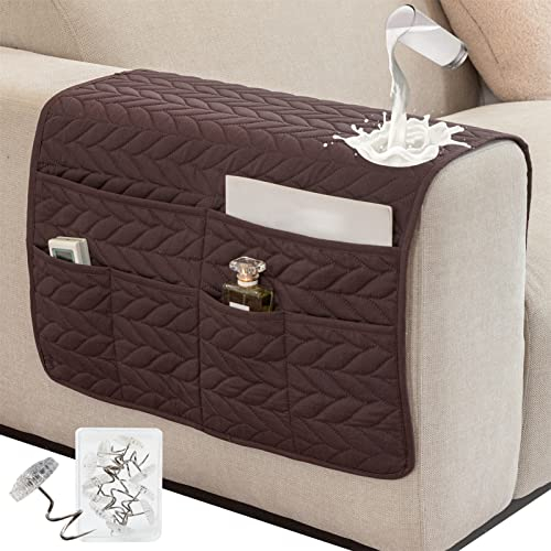 SHUOJIA Funda Protectora para reposabrazos de sillón,Organizador de Almacenamiento Antideslizante Impermeable para reposabrazos de sofá con 6 Bolsillos,para Control Remoto de TV (Brown)