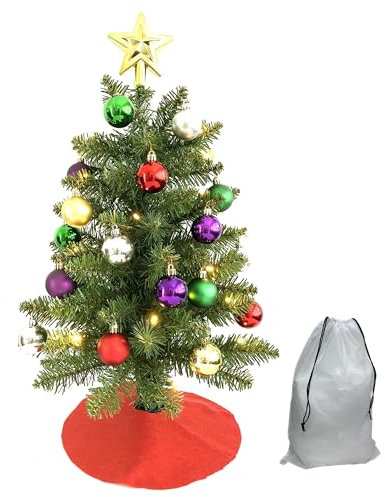 Pre-Lit Tabletop Christmas Tree, 2FT (24 inch) /60cm Small Artificial Xmas Tree with Lights and Timer, Star Treetop, Ornaments, Mini Tree Skirt and Drawstring Bag