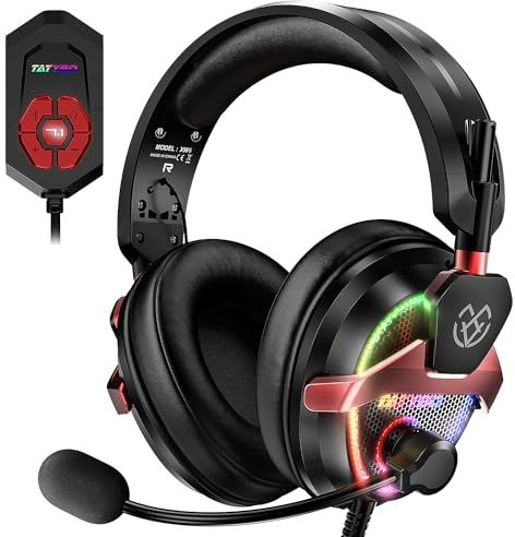 Tatybo PC Gaming Headset with Mic, USB Headset with 7.1 Surround Sound, Wired 3.5mm Headphones for PS4/PS5/Xbox, RGB