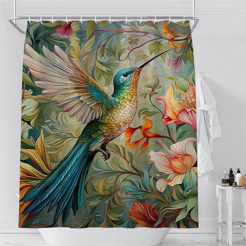 Fchen Art Duschvorhang-Set mit Kolibri-Motiv, waschbar, Polyester, mit 12 Haken, 180 x 180 cm