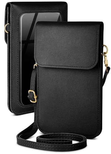 moex Handytasche zum Umhängen für Samsung Galaxy S23 Ultra kleine Handtasche mit Handyfach und Sichtfenster, 2 extra Fächer Mini PU Leder Handy Umhängetasche Damen CitySling, Schwarz