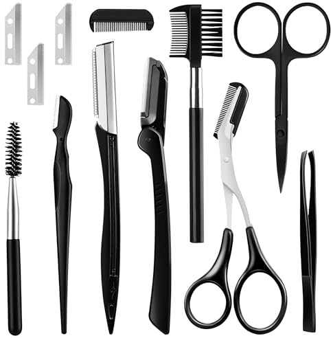 mwellewm 12Pcs Eyebrow Kit Eyebrow Trimming Set Eyebrow Grooming Kit with Eyebrow Razor, Eyebrow Brush Scissors, Facial Trimmer, Shaver, Tweezers for Women and Men