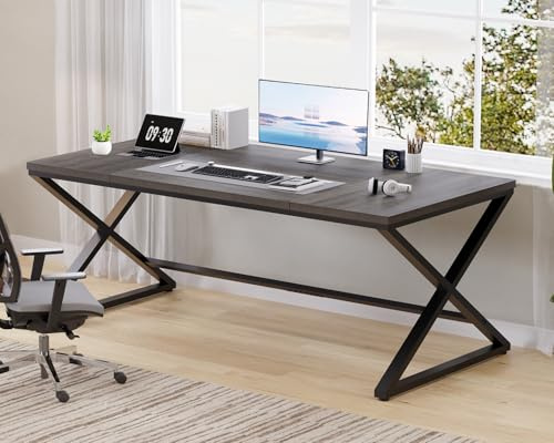 LVB Long Desk Modern Large Computer Desk for Home Office Work, Wood Metal Computer Table for Writing Study in Bedroom, Simple Gaming Desk for 2 Monitor Workstation, Dark Oak, 180cm