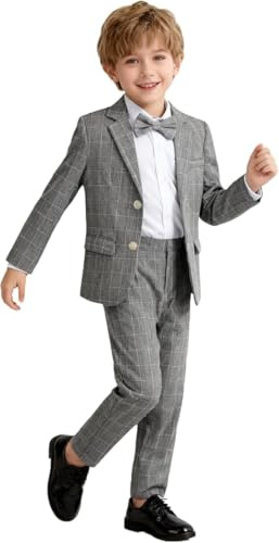 LOLANTA 3-teiliges Jungen Plaid Anzug Set, Eleganter Blazer für Hochzeits-Abschlussball, Formelle Kleidung Jacken-Hose-Fliege Set(Dunkelgrau,9-10 Jahre,Tag 140)