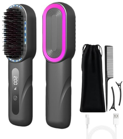 Cepillo alisador de pelo sin cable, plancha de pelo eléctrica de iones negativos, 4 ajustes de temperatura, calentamiento rápido, doble antiplancha, con cargador tipo C, 1 peine, 2 horquilla (Gris)
