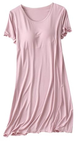 Chemise De Nuit Femme En Coton Avec Soutien Gorge Intégré,Robe De Nuit À Manches Courtes Décontractée Vêtement De Nuit Col Rond Couleur Solide Pyjama Femme Grande Taille Ensemble Pyjama Pas Cher