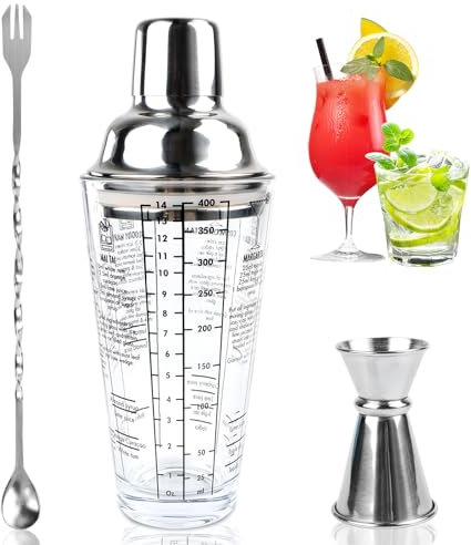 Cocktail Shaker,400ml Cocktail Glas-Mixer Set,Coctail Mixer Set mit Messbecher und Barlöffel,Mixed Drink Shaker,Professionelle Barkeeper Bar Set Cocktail Zubehör,Messungen EIS Shaker Mixing Glas