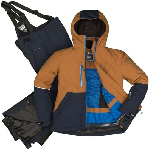 Killtec Jungen Skianzug Größe 152 wasserdicht 10.000 mm Wassersäule - Skijacke dunkelblau zimt braun, Skihose dunkelblau