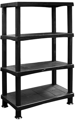 ALEEZ - 4 Tier Plastic Shelving Unit - Heavy Duty Storage Shelves - Storage Rack For Home, Garage, Shed, Warehouse - 25kg/55lbs Per Shelf - No Tools Required - Push Fit Assembly, Black (1, 4 Tier)
