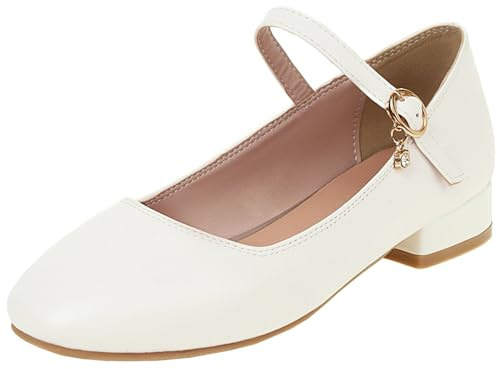 XIEPP Mary Jane - Zapatos de tacón bajo para mujer, punta redonda y hebilla, Blanco, 44 EU