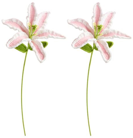 Magicherry Bouquet di fiori di giglio artificiali fatti a mano all'uncinetto, 2 pezzi, lavorato a maglia, per composizioni floreali fai da te, decorazione per la casa e per matrimoni, sfumato rosa