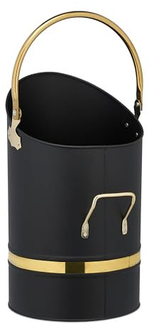 Relaxdays 12 L Cubo de Carbón, Hierro, Recipiente para Pellets con 2 Asas, Recogedor de Cenizas Chimenea, Metal, Negro, Latón