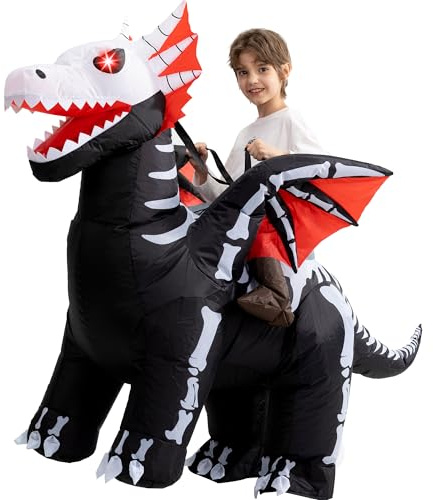 One Casa Inflatable Costume Kids,Blow Up LED Light Eyes Skeleton Dragon Suit,Ride On Halloween Costumes for Boys Girls (7-10YRS)