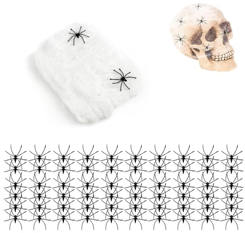 UZYXC 1 Set Ragnatela Halloween con 60 Ragni, 200g Rete Bianca Elastica, Decorazione Realistica Estensibile per Casa Giardino Feste Interno Esterno, Ragnatela Super Elastica per Case Stregate