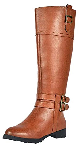 Generisch Botas altas hasta la rodilla para mujer, planas, largas, con hebilla, botas de cuero, puntera redonda, botas de invierno elegantes, botas de invierno vintage, botas de moto ligeras de