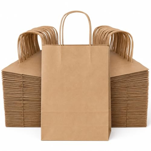 50pack Brown Paper Bags with Handles, Small Gift Bags,Eco-Friendly Kraft Paper Party Bags for Gift & Party Favors