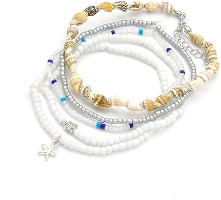 EKKONG 5 Pezzi Cavigliere Boho Conchiglia, Stella Marina Perle, Bracciali Spiaggia Estate, Gioiello Piede Regolabile, Accessori Donne Ragazze, Regali Vacanze Festa Spiaggia (A)