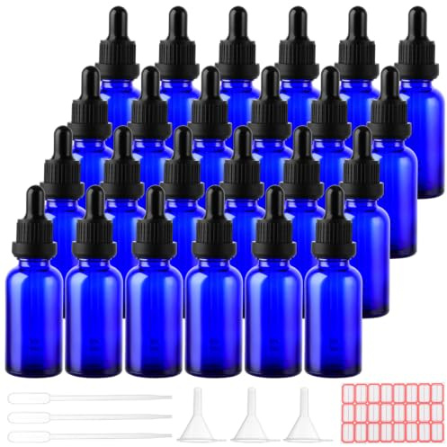 LOPYXBR 24 stycken pipettflaskor 30 ml blå, apoteksflaska flaska med pipett glasflaska med pipett för vätska, eteriska oljor, perfume oljs, flytande dyes aromaterapi blandningar