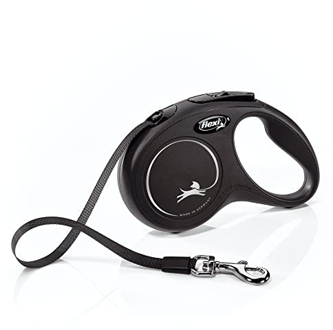 FLEXI New Classic Tape Retractable Dog Leash for Small Dogs up to 33 lbs. – 16 ft., Black| Tangle Free Pet Walking Leash with One-Handed Brake, Pause, Lock|German Quality Product