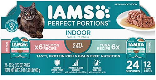 IAMS Perfect Portions Grain Free Wet Cat Food, Indoor Adult Cat Food Wet Cuts in Gravy, Variety Pack: Tuna & Salmon Recipe, 1.98 lb. (Pack of 1) Twin-Pack Trays