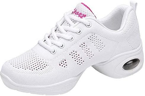 Jazzskor för kvinnor snörning dansskor andningsbara nät luftkudde dam delad sula plattform dans sneakers, Vit a, 39 EU