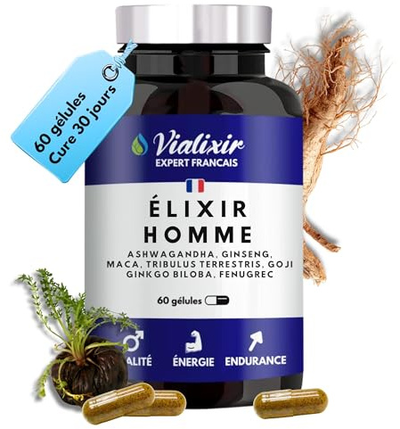 Vitalité & Énergie Homme | Ashwagandha, Maca Bio, Ginseng Rouge, Tribulus, Fenugrec | Endurance & Tonus | 60 Gélules | 100% Naturel | Fabriqué en France – Vialixir